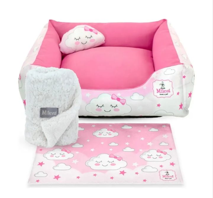 Cama Pet Oxford + Coberdrom + Tapete Estampado 04 Peças - Nuvem Rosa