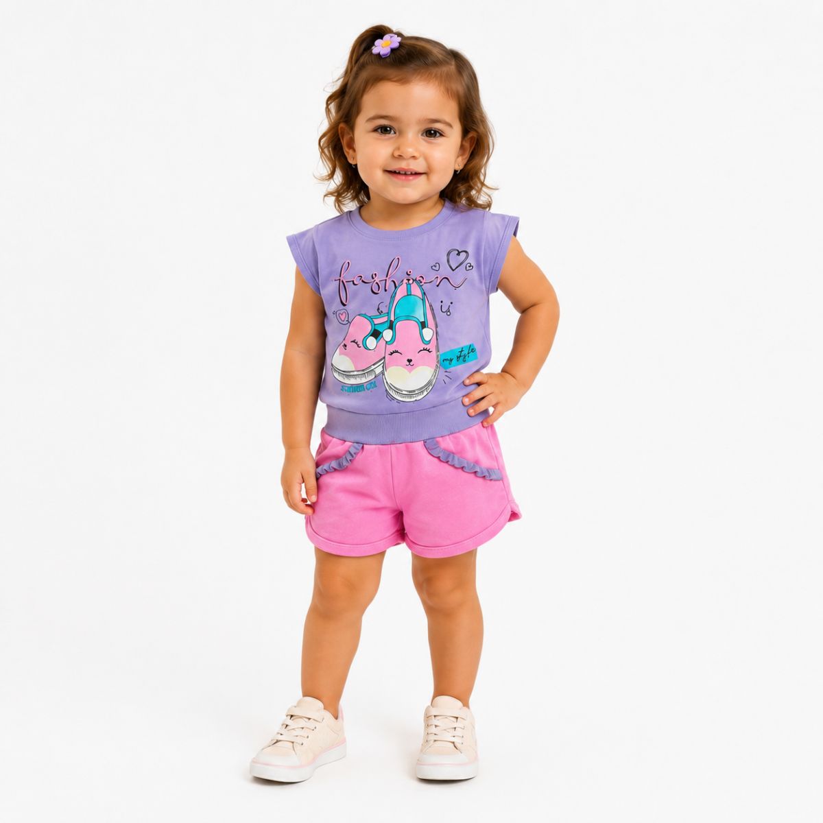 Tamanho: 1 / Cor: Blusa lilás + short rosa claro