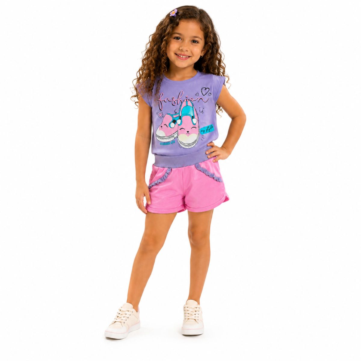 Tam 8 / Blusa lilás + short rosa claro