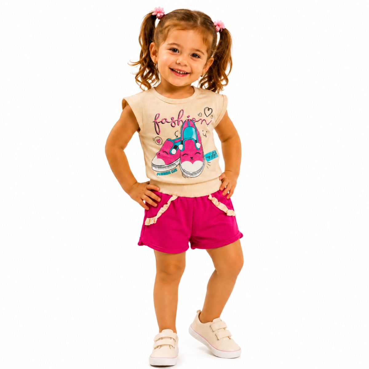 Tamanho: 1 / Cor: Blusa bege + short rosa pink