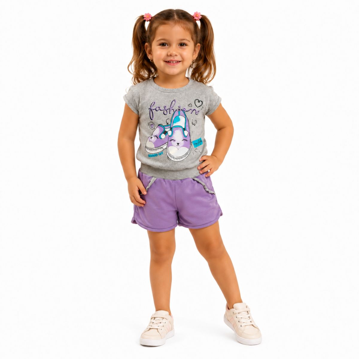 Tamanho: 3 / Cor: Blusa cinza + short lilás