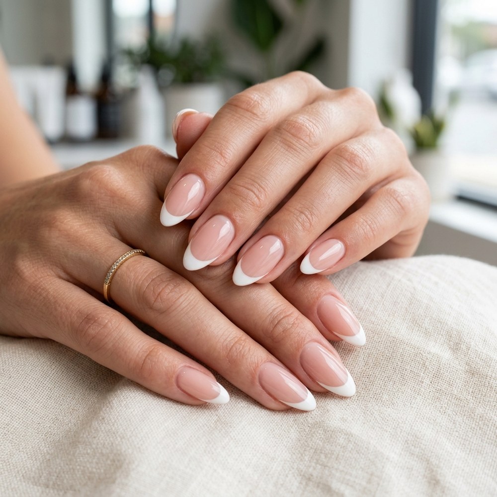 Alongamento Slim Almond com Francesa Reversa